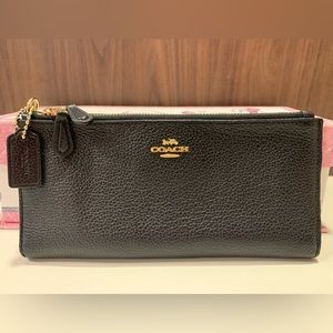 Coach Large Double Zip Wallet Black Pebble Leather EUC